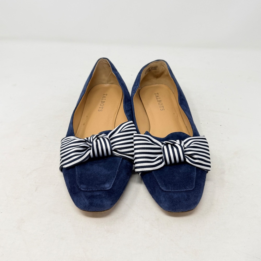 Talbots Flats Navy Blue Suede 7.5M Striped Bow Square Toe Loafers Preppy Classic - Picture 2 of 10